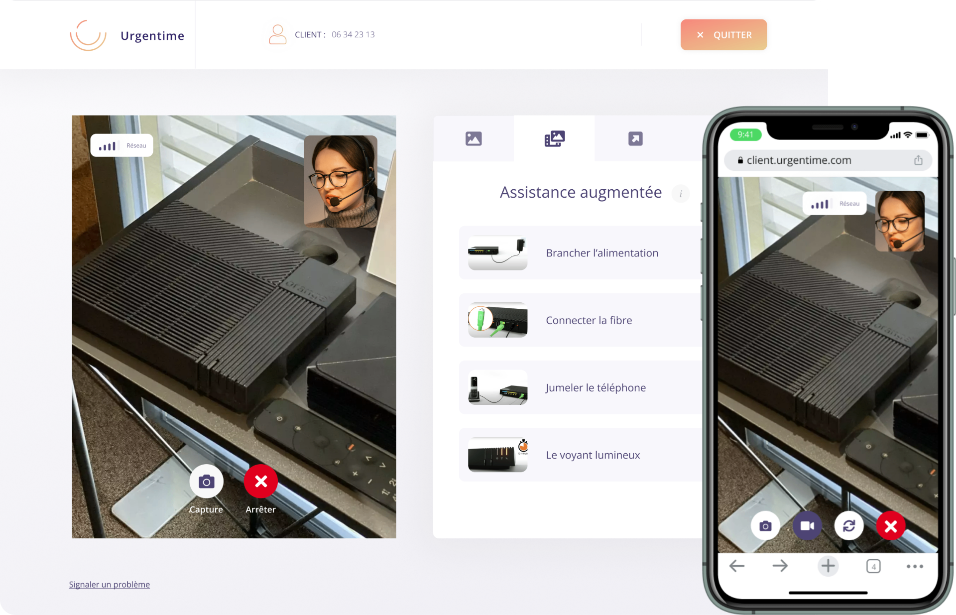 Interface Urgentime - Assistance augmentée avec visio navigateur et mobile
