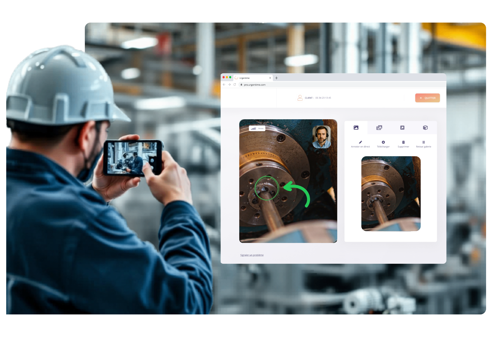 Expert guidant un technicien à distance via la visio-assistance Urgentime en environnement industriel