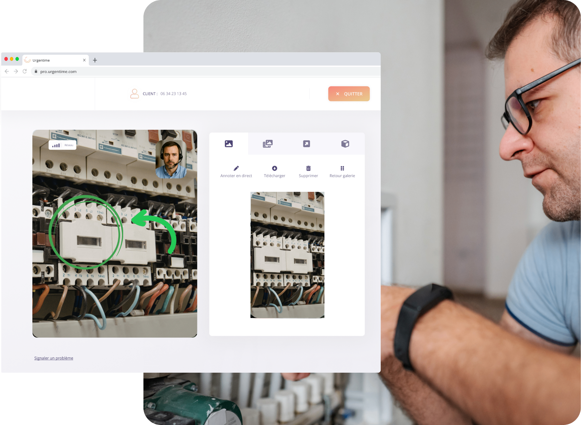 Interface Urgentime - visio-assistance pour la maintenance télécom avec annotations en réalité augmentée